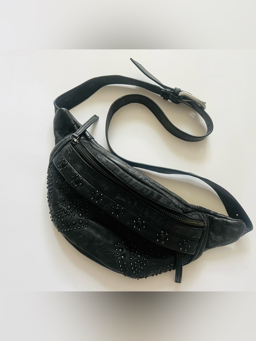 Free People Black Studded Distressed Leather Belt Bag Fanny Pack